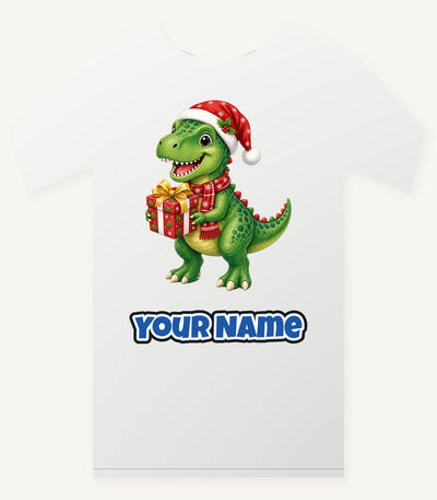 Christmas Dinosaur With Present Personalised Christmas T-Shirt and Hoodie