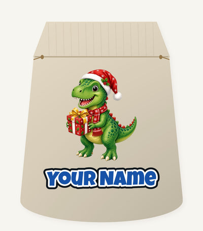 Christmas Dinosaur With Present Personalised Santa Sack