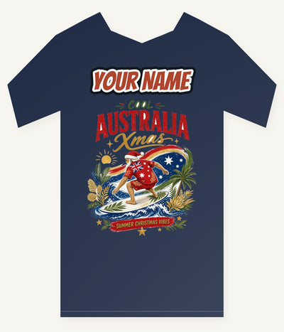 Cool Australia Surfing Santa Personalised Kids and Baby Christmas Tee