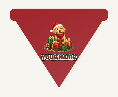 Golden Puppy And Presents Personalised Christmas Dog Bandana