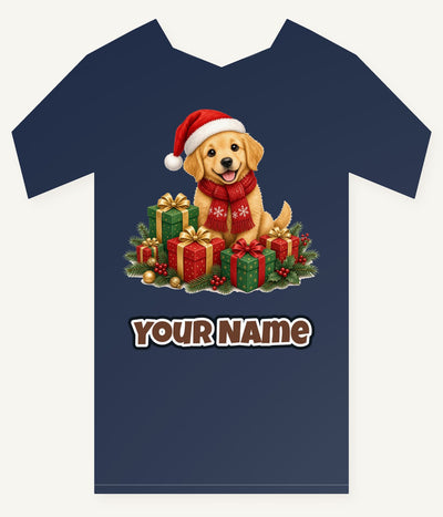 Golden Puppy And Presents Personalised Kids and Baby Christmas Tee