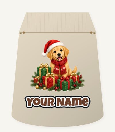 Golden Puppy And Presents Personalised Santa Sack