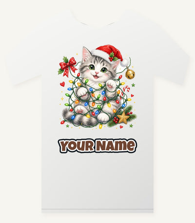 Kitten Tangled in Fairy Lights Personalised Christmas T-Shirt and Hoodie