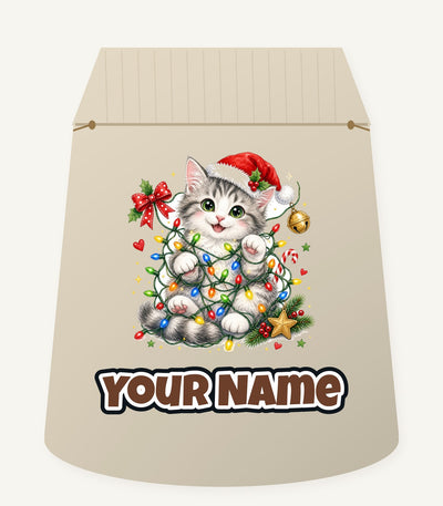 Kitten Tangled in Fairy Lights Personalised Santa Sack