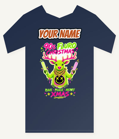 Neon Rave Reindeer Nineties Personalised Kids and Baby Christmas Tee