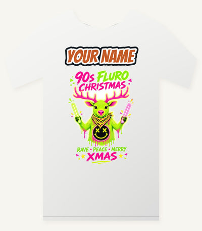 Neon Rave Reindeer Nineties Personalised Christmas T-Shirt and Hoodie