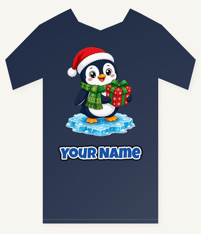Penguin With a Present Personalised Kids Tee and Baby Bodysuit