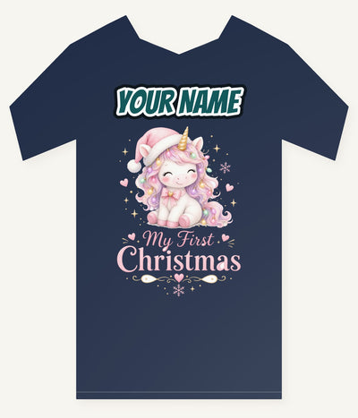 Pink Unicorn First Christmas Personalised Kids and Baby Christmas Tee