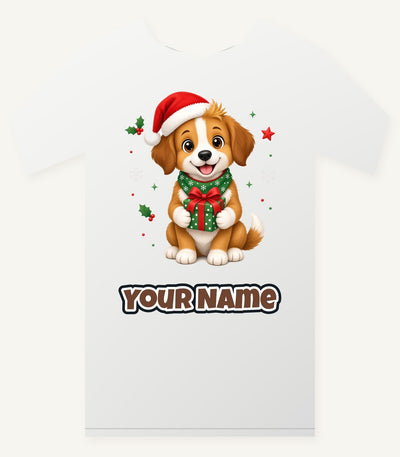 Puppy with Christmas Present Personalised Christmas T-Shirt and Hoodie