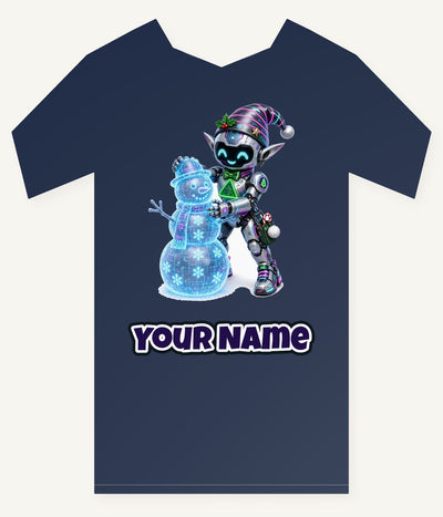 Robot Elf Builds a Snowman Personalised Kids Tee and Baby Bodysuit