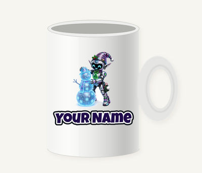 Robot Elf Builds a Snowman Personalised Christmas Mug