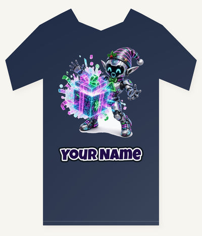 Robot Elf Unwrapping Personalised Kids Tee and Baby Bodysuit
