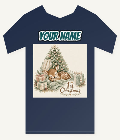 Sleepy Fawn First Christmas Personalised Kids Tee and Baby Bodysuit