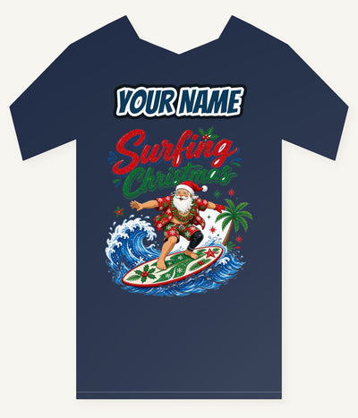 Surfing Santa Big Wave Personalised Kids Tee and Baby Bodysuit