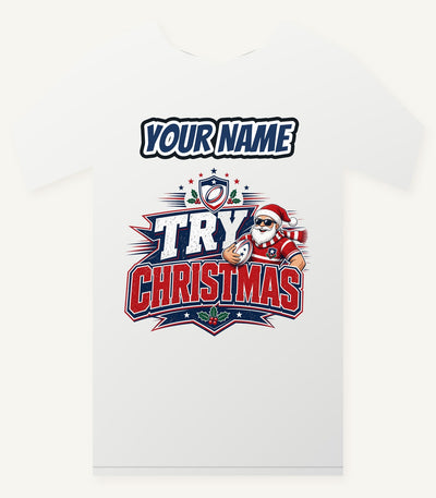 Try Christmas Rugby Santa Personalised Christmas T-Shirt and Hoodie