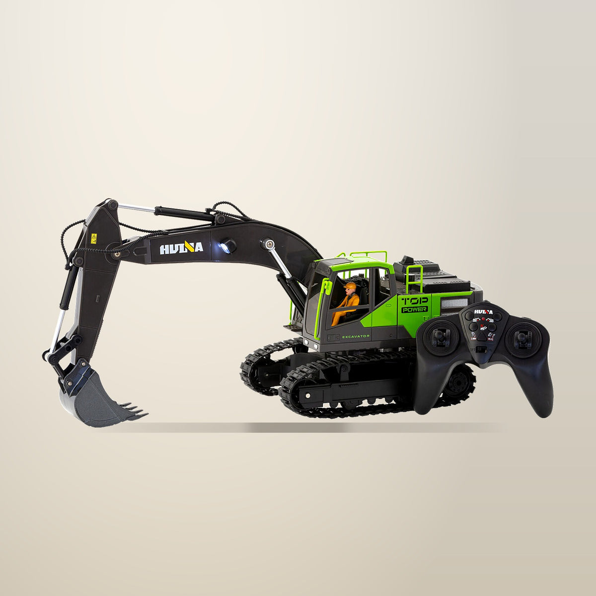 GEM Toys Green 1:18 Scale 13 Channel RC Excavator, on a plain cream background