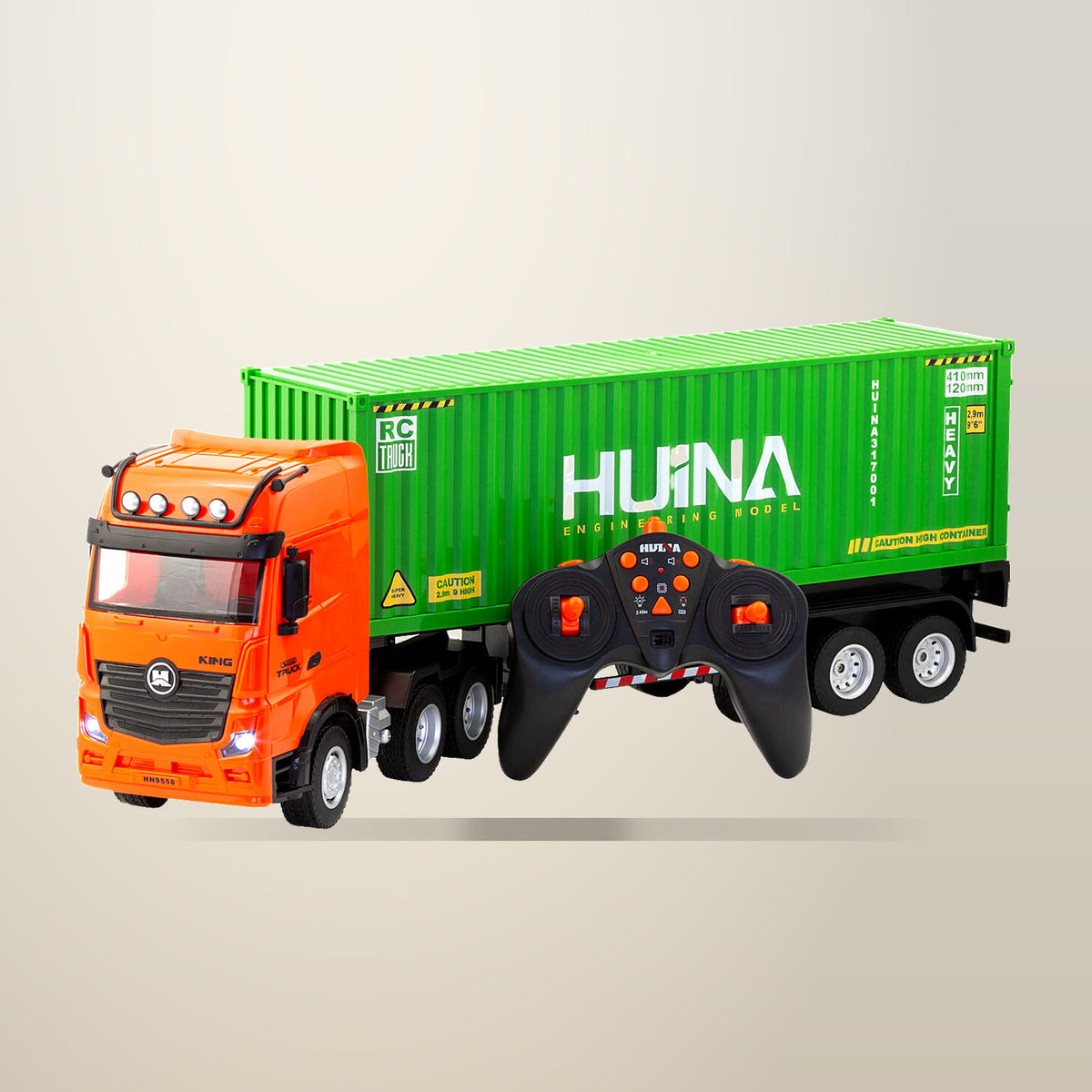 GEM Toys 1:18 Scale 9 Channel RC Container Truck, on a plain cream background