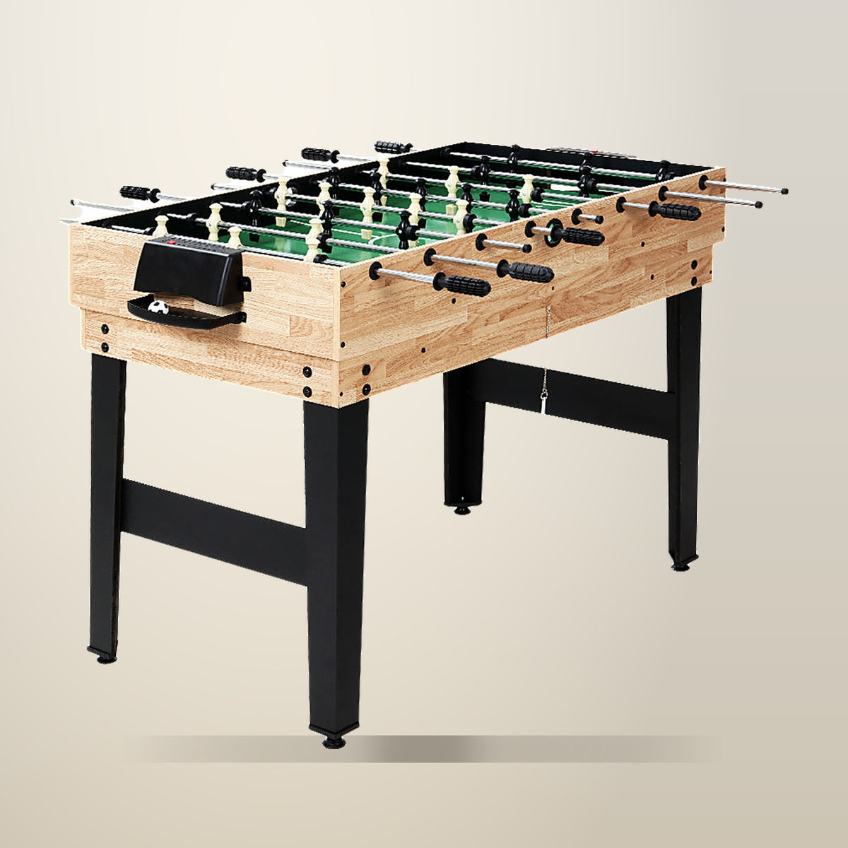 10-in-1 Games Table, Foosball, Pool, Table Tennis and Air Hockey, on a plain cream background