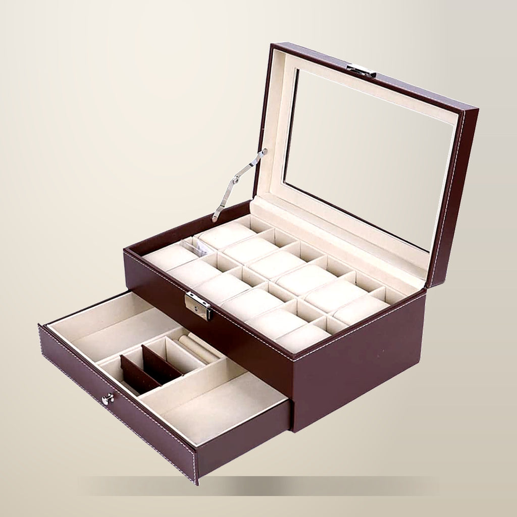 12 Slot Lockable PU Leather Watch and Jewellery Box, 30 x 20 x 13.5 cm, on a plain cream background