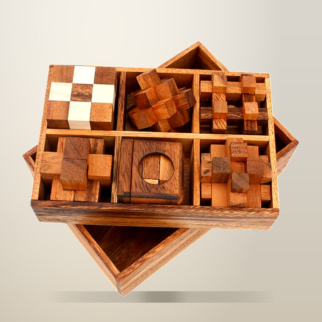 CraftedTimberCreations 12 Piece Wooden Puzzle Gift Box Set, on a plain cream background