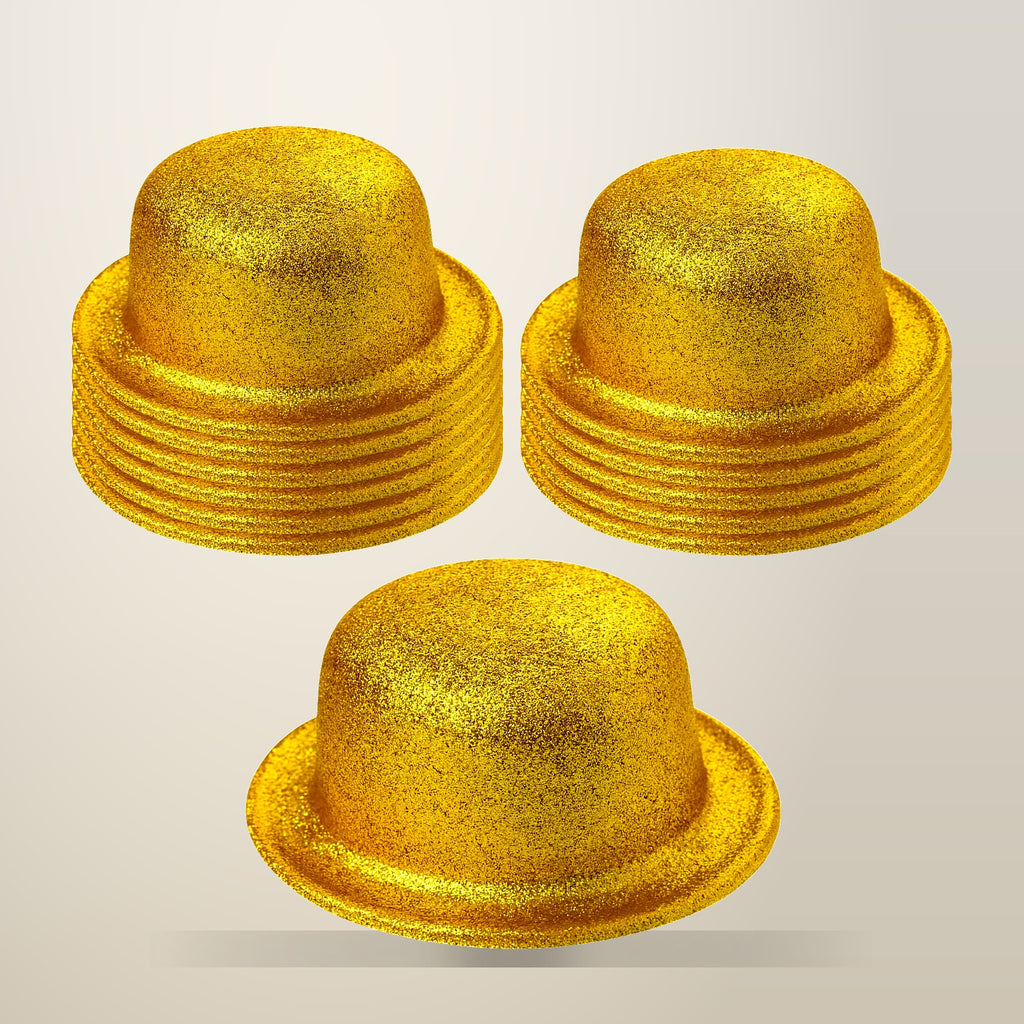 BR Costumes 12 Pack Yellow Gold Glitter Bowler Hats, on a plain cream background