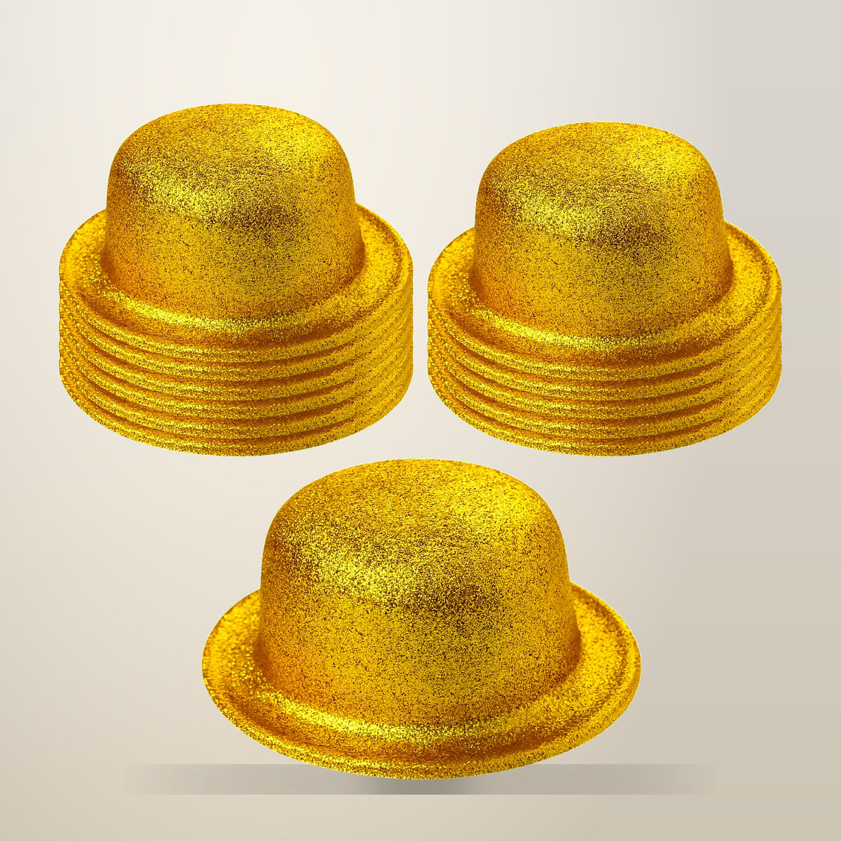 BR Costumes 12 Pack Yellow Gold Glitter Bowler Hats, on a plain cream background