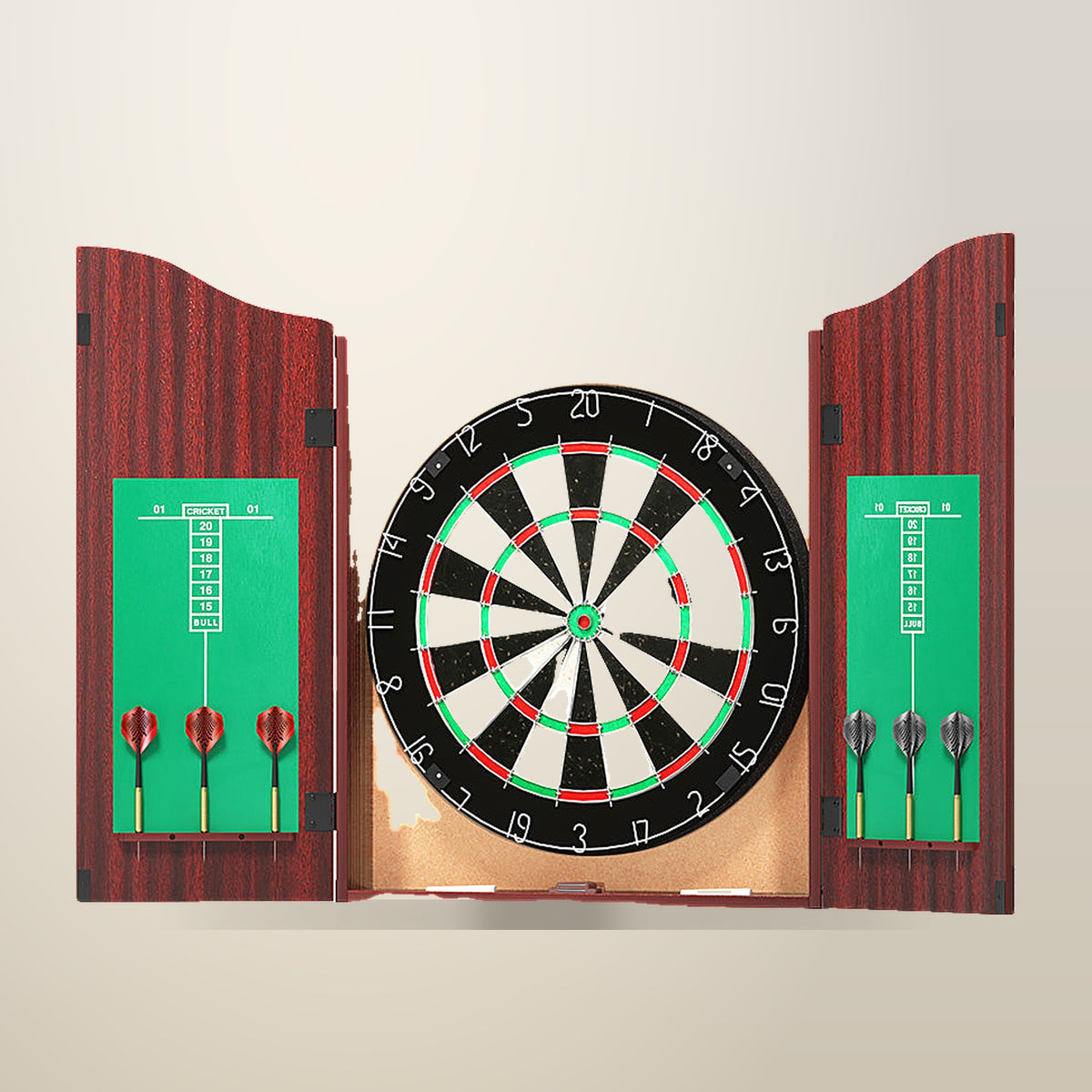 18 inch Dartboard with Steel Darts and Wooden Cabinet, on a plain cream background