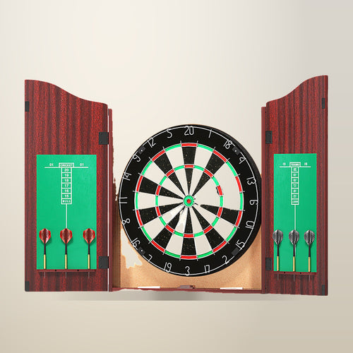 18 inch Dartboard with Steel Darts and Wooden Cabinet, on a plain cream background