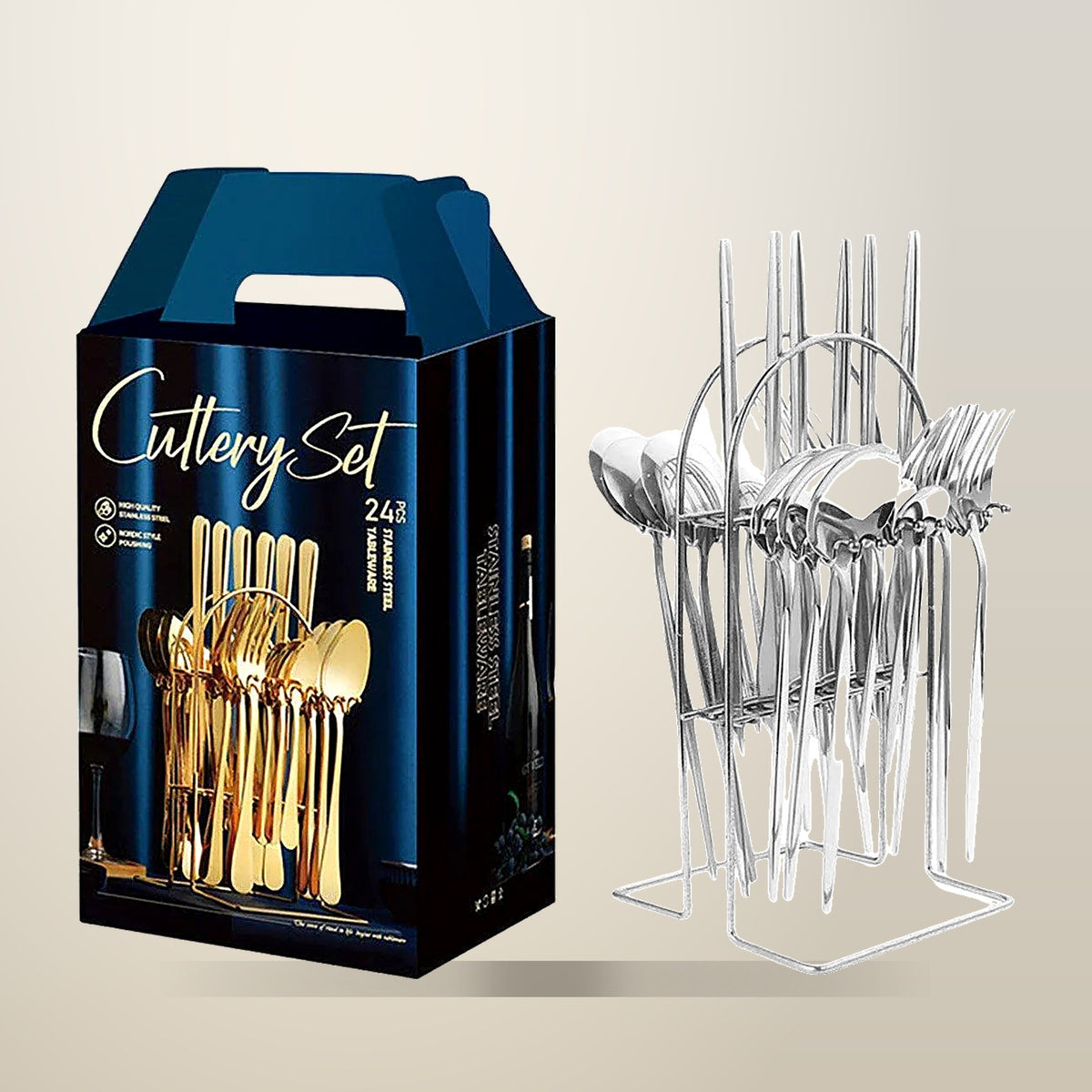 24 Piece Stainless Steel Cutlery Set, Silver or Gold, on a plain cream background