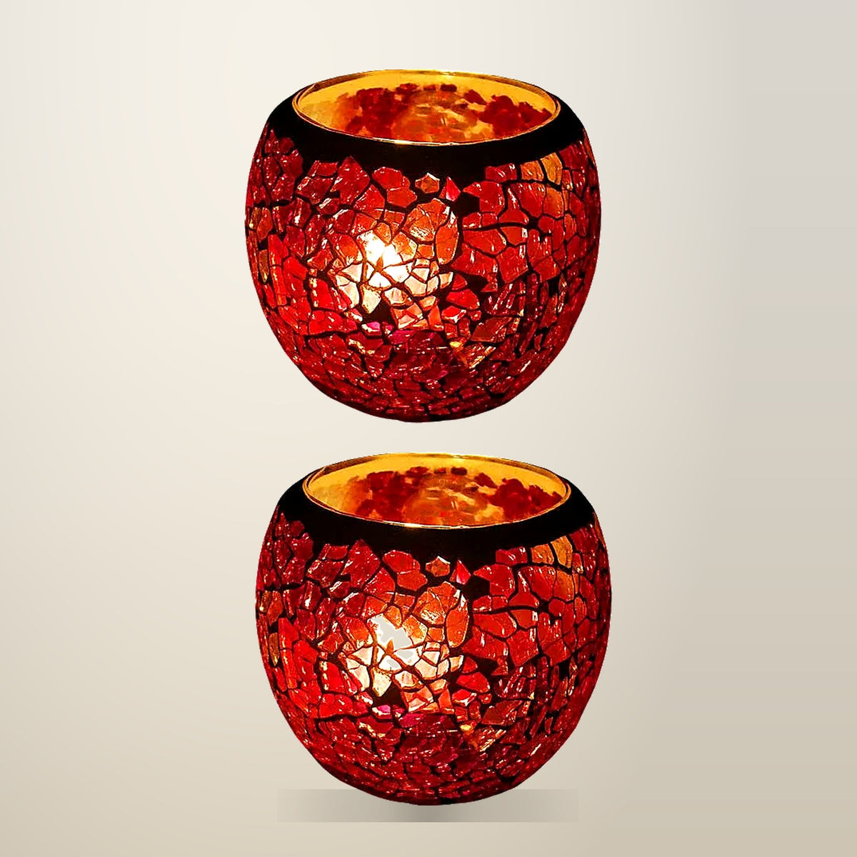 2 Piece Glass Mosaic Candle Cups, European Style, on a plain cream background