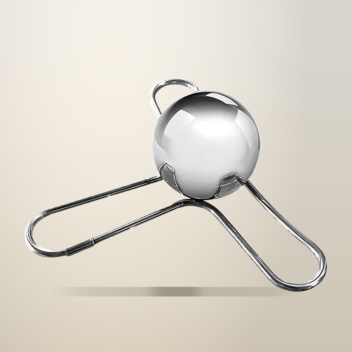 Reusable Stainless Steel Ice Ball with Fork Stand, on a plain cream background