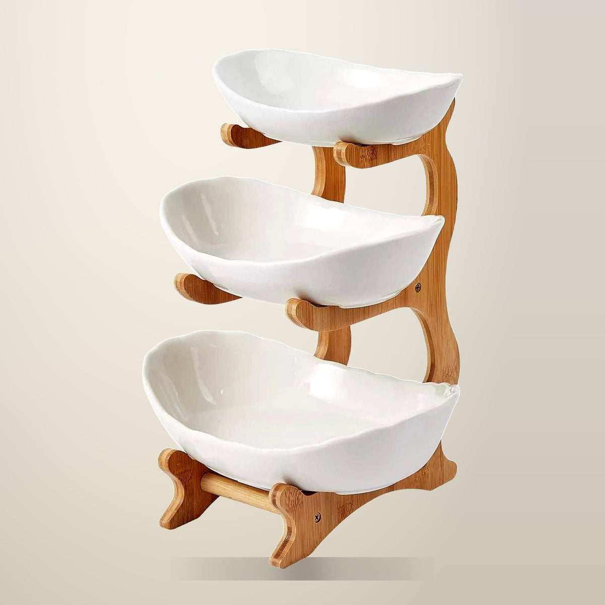 Kitchee 3 Tier Porcelain Fruit Bowl with Bamboo Stand, on a plain cream background