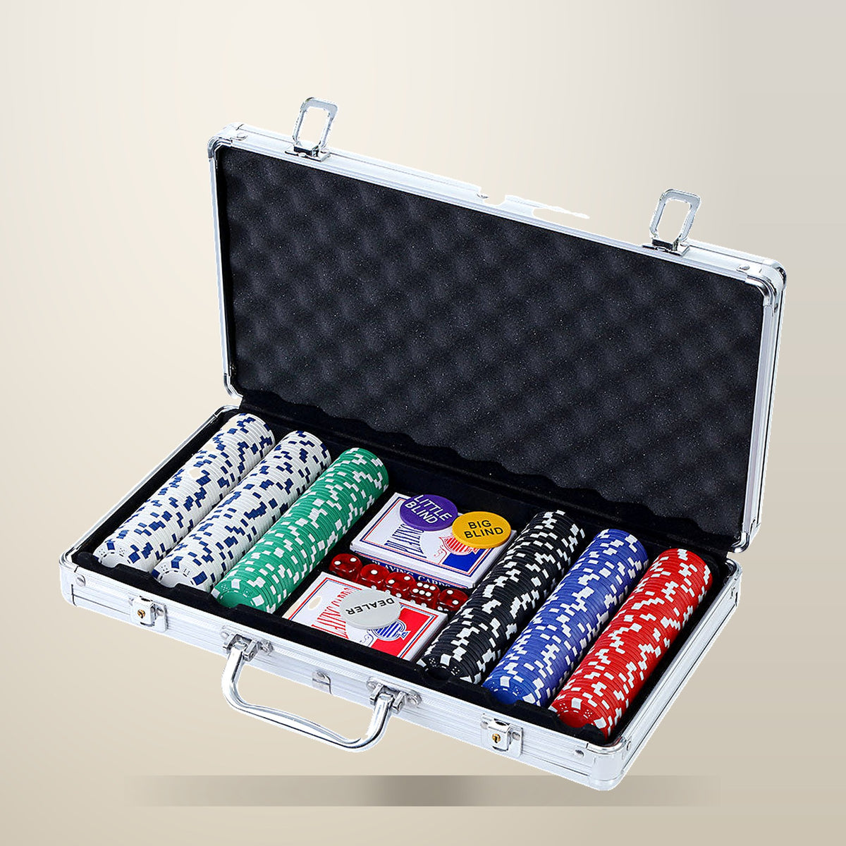 300 Piece Poker Chip Set with Case, Cards and Dice, on a plain cream background