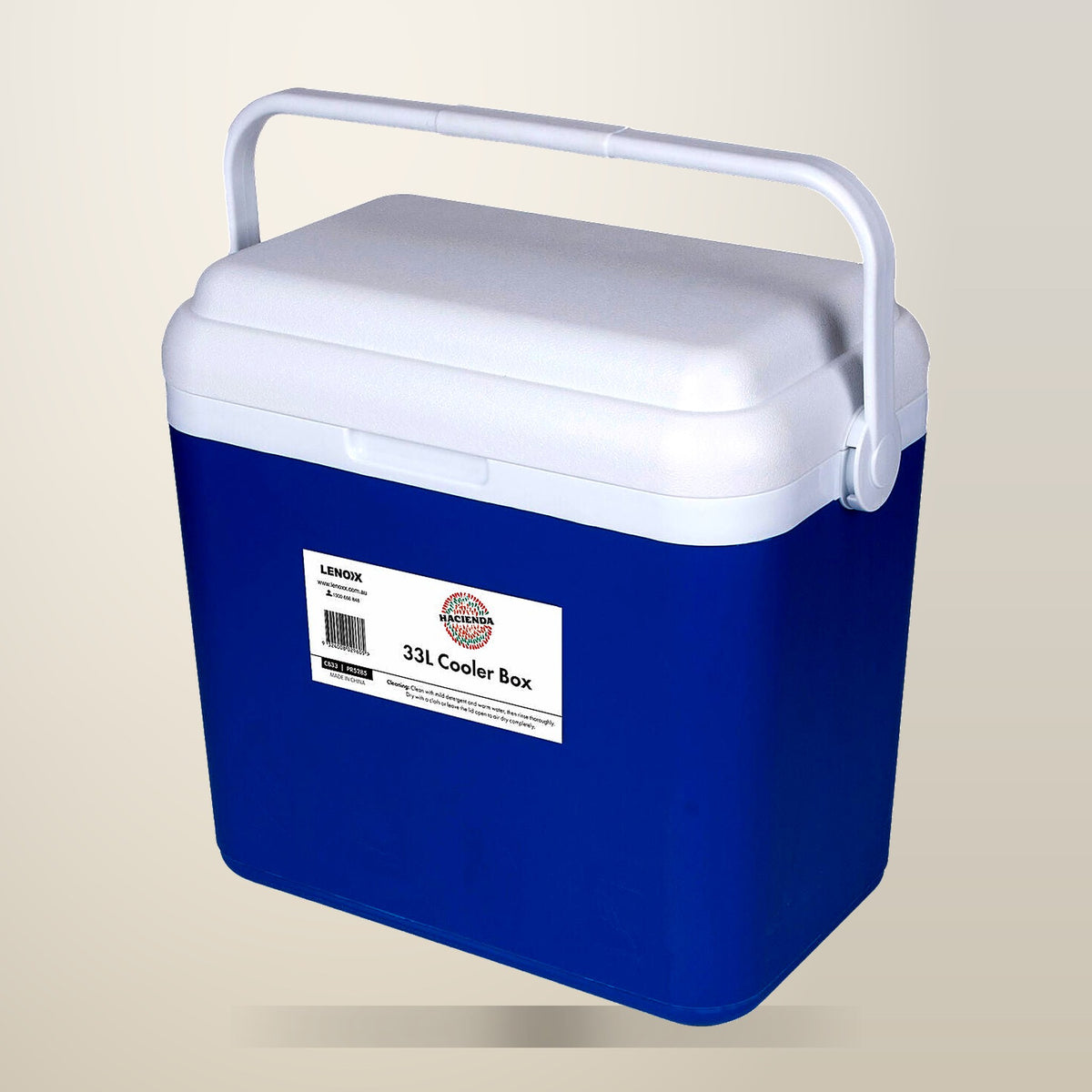 Hacienda 33 L Portable Cooler Box, Blue, on a plain cream background