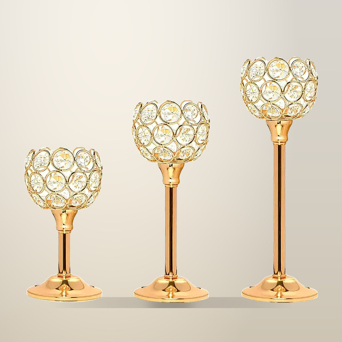 3 Piece Crystal Candle Holder Set, Metal Base, on a plain cream background
