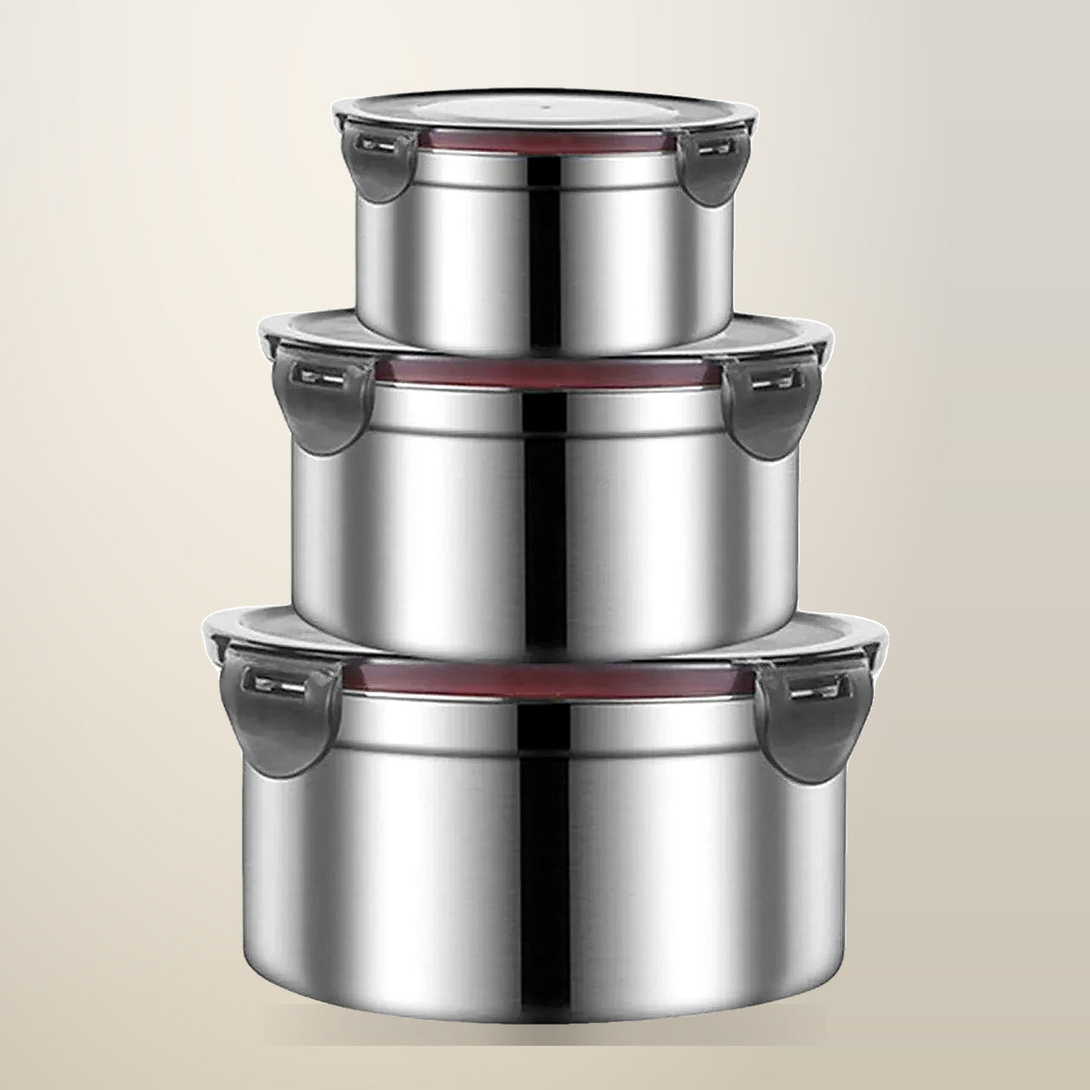 3 Piece Round Stainless Steel Crisper Storage Box Set, on a plain cream background