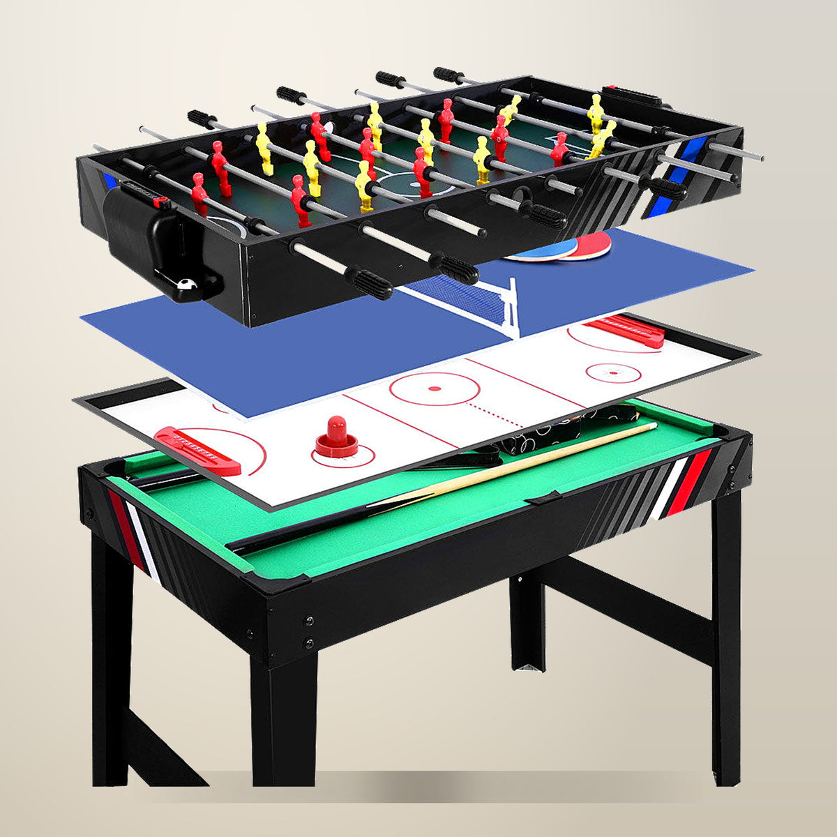4 in 1 Games Table, Soccer, Pool, Hockey, Tennis, on a plain cream background