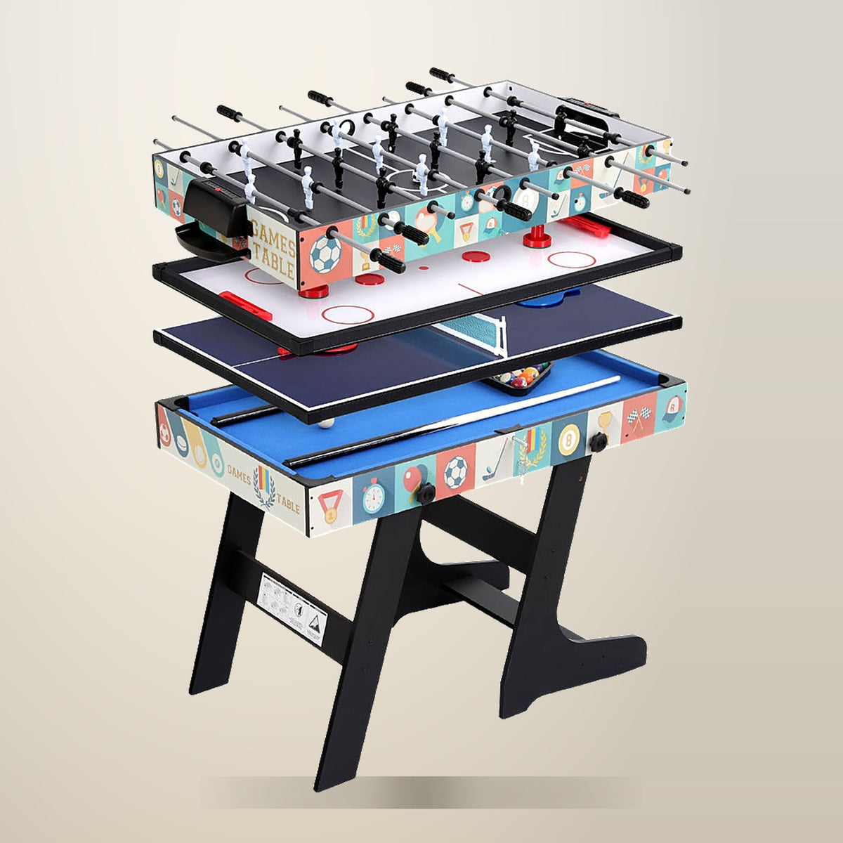 Foldable 4 in 1 Games Table, Soccer, Pool, Hockey, on a plain cream background