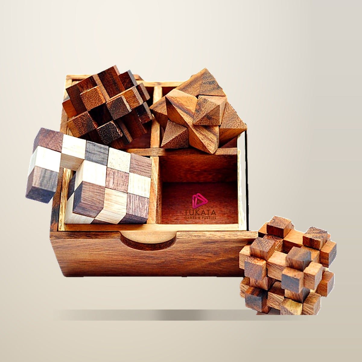 CraftedTimberCreations Wooden Brainteaser Puzzle Set, 4 Piece, on a plain cream background