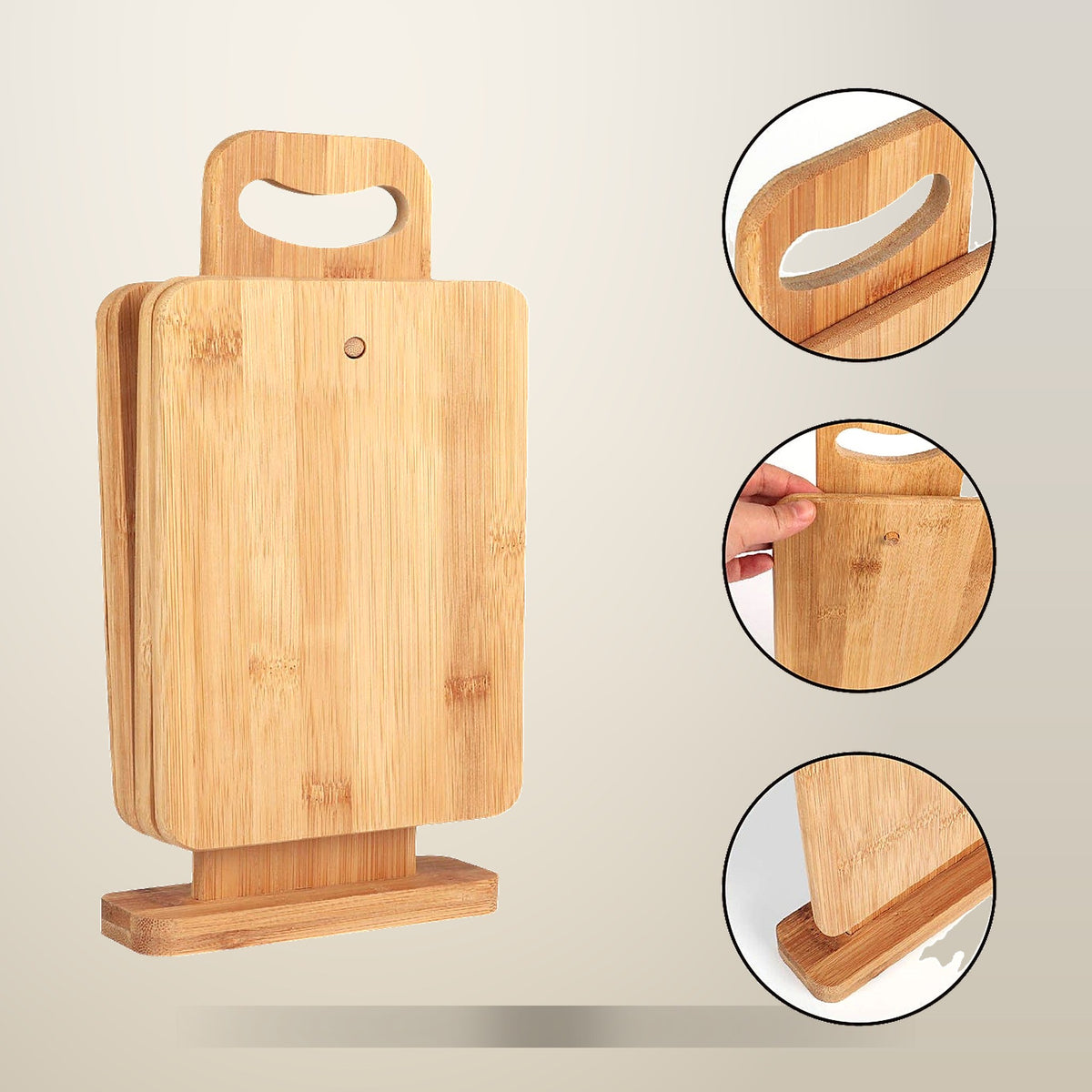 Bamboo Chopping Board Set with Display Stand, 4 Piece, on a plain cream background