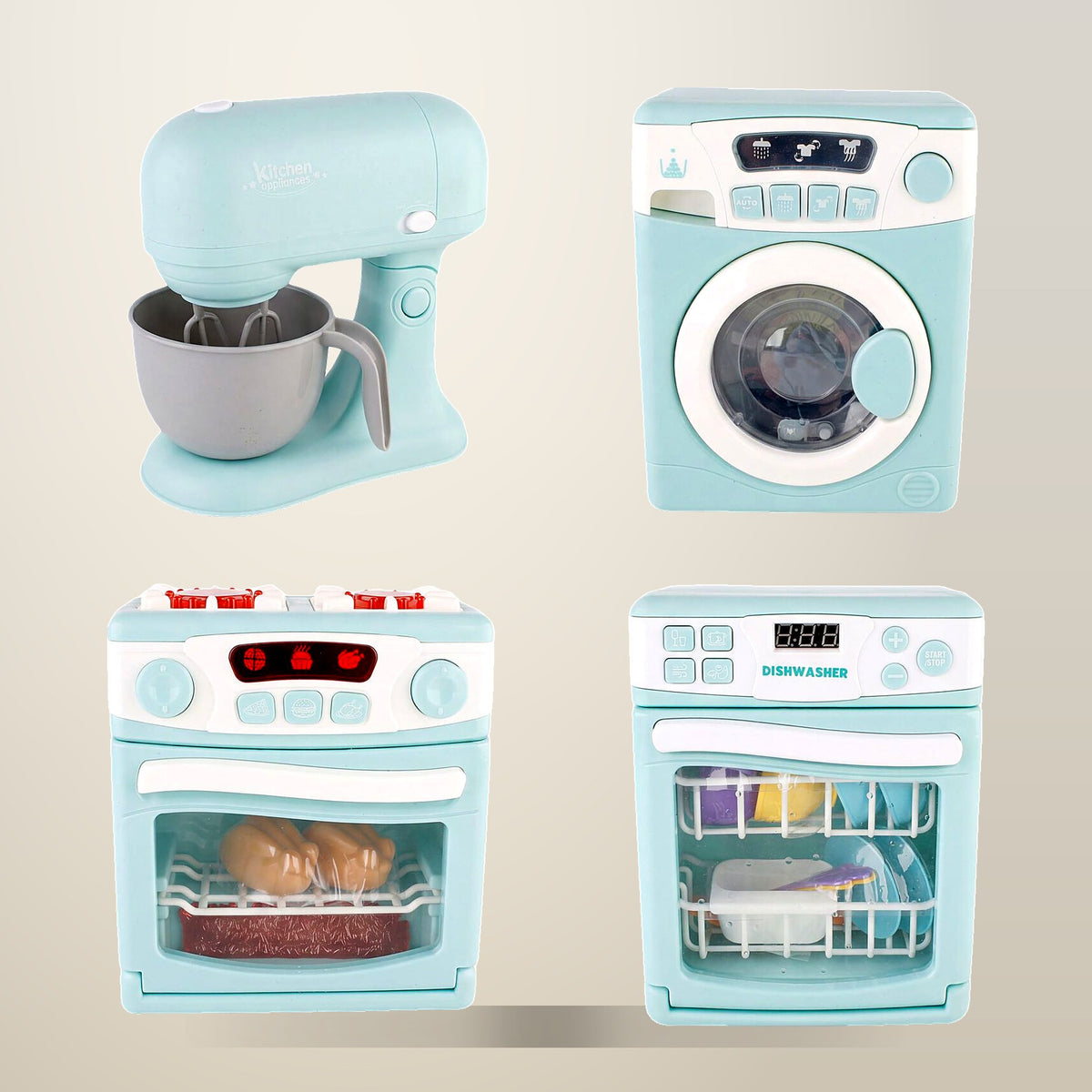 GEM Toys 4 Piece Play Kitchen Appliance Set, on a plain cream background