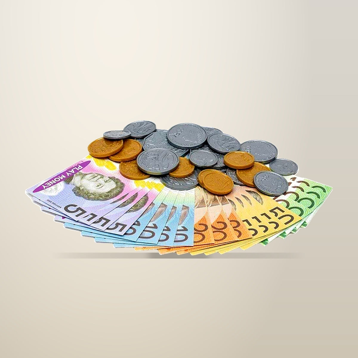 Australian Play Money Set, Coins and Notes, 44 Piece, on a plain cream background