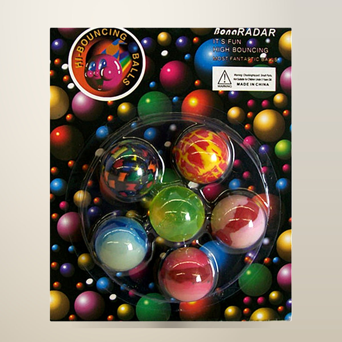 High Bounce Jet Balls, Pack on Card, on a plain cream background