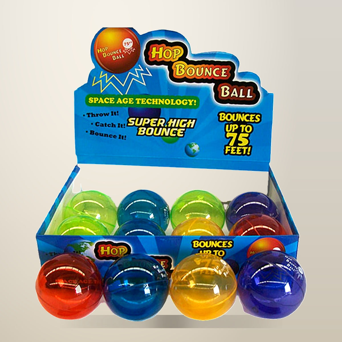 Hop Bounce Balls, 10 cm Diameter, on a plain cream background