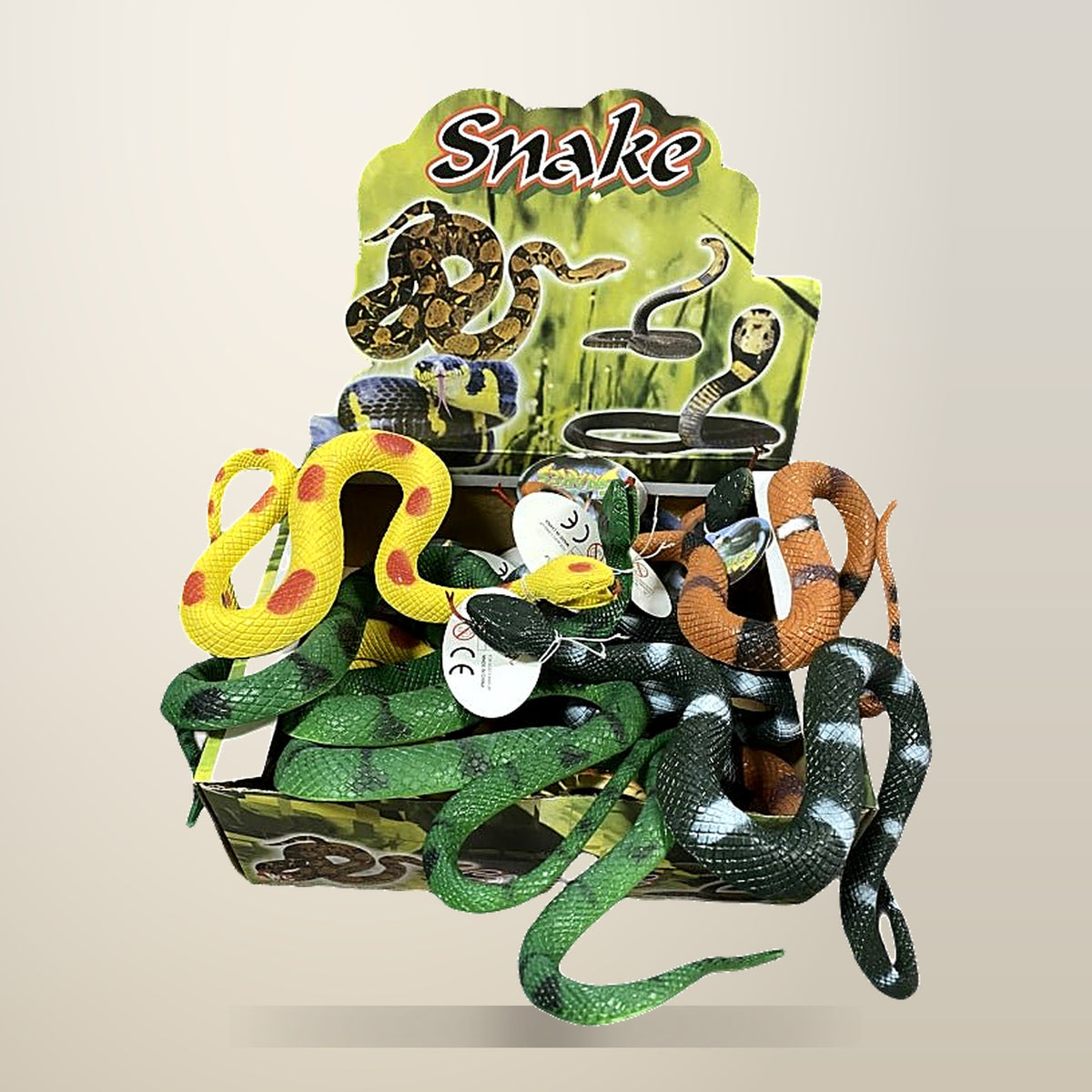 Rubber Snake Toys, Assorted Colours, Set of 4, on a plain cream background