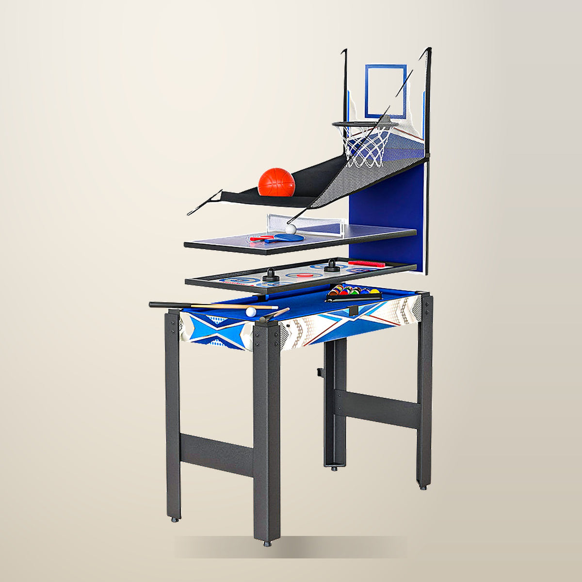 5 in 1 Games Table, Pool, Hockey, Tennis, Basketball, on a plain cream background