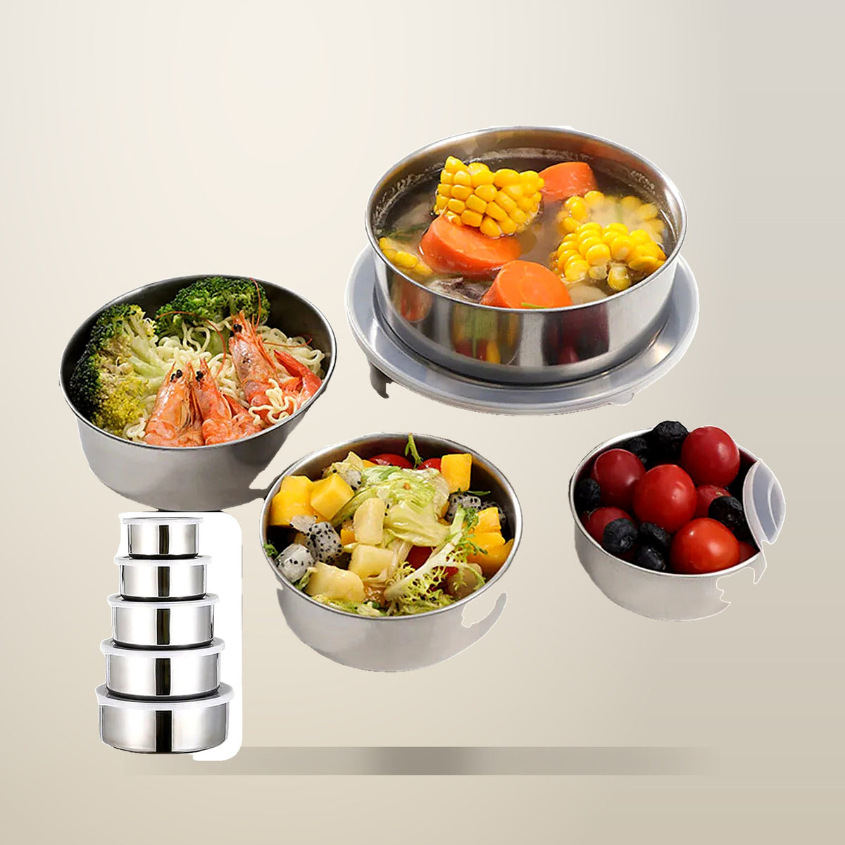 Round Stainless Steel Storage Bowls with Lids, 5 Piece, on a plain cream background