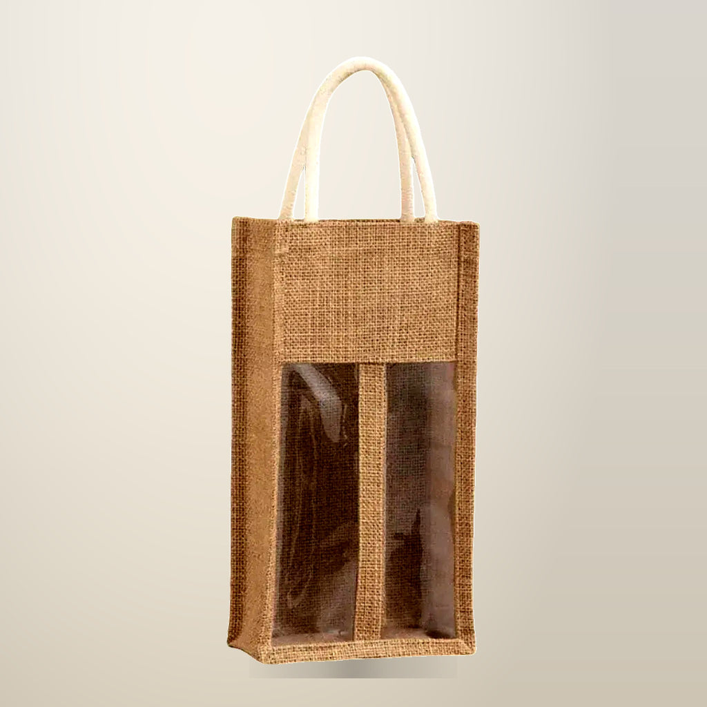 Jute Wine Bottle Gift Bags, Single and Double, 5 Pack, on a plain cream background