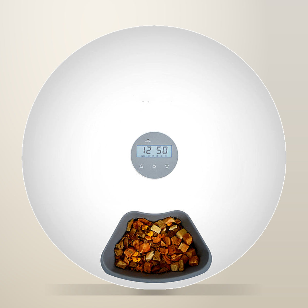 6 Meal Automatic Pet Feeder, White, 180 ml x 6, on a plain cream background