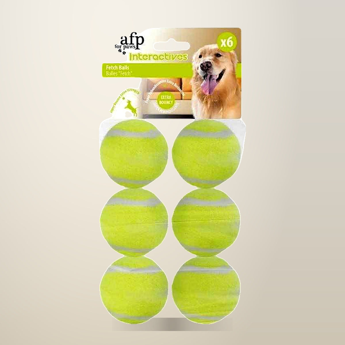 All For Paws Fetch Balls, 6.3 cm, 6 Pack, on a plain cream background